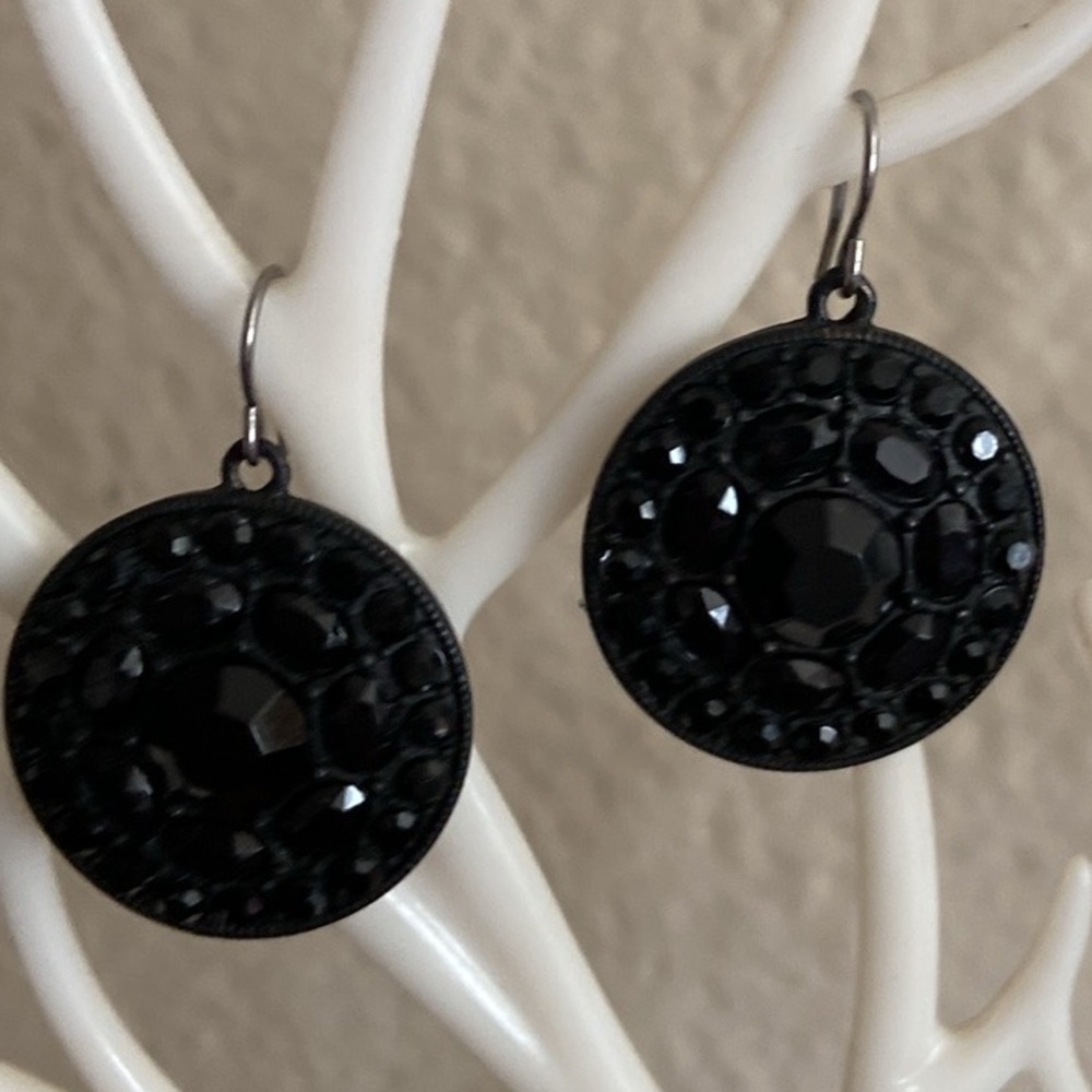 Vintage 90s Metal & Black Faceted Glass Dangling Earrings